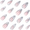 SINHOT Gothic Press on Nails Long Stiletto Fake Nails Y2K Silver Acrylic Nails Glossy Glue on Nails Stick ons False Nails with Design 24 pcs