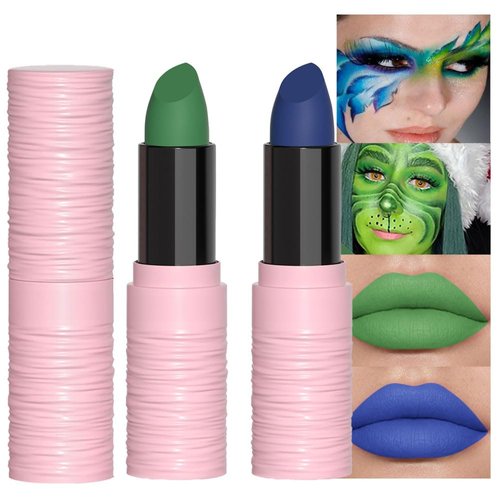 evpct 2Pcs Green Blue Matte Lipstick Face Body Paint Stick Set High Impact Lipcolor with Moisturizing Creamy Formula Baseball Football Softball Eye Black Stick for Sports Halloween Party Clown