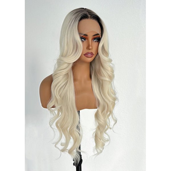 X-TRESS Ombre Blonde Lace Front Wigs 30 Inch Body Wave Glueless Wig Pre Plucked Ready to Wear Long Curly Synthetic Wigs Platinum Blonde Wigs with Dark Roots for Women