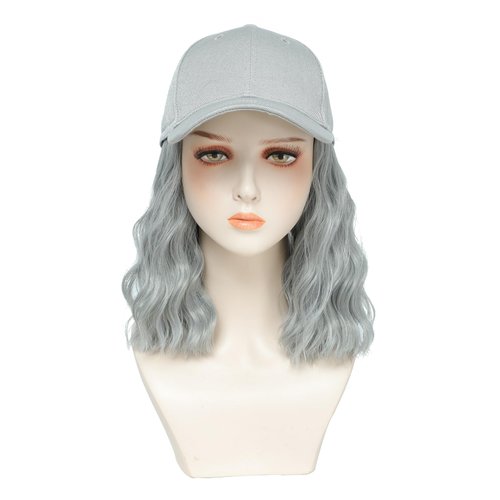 AliRobam Hat with Natural Wave hair Extensions attached for woman Baseball cap wig Short Bob Hairstyle Adjustable Wig (Grey)