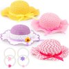 Zhanmai 4 Pcs Christmas Girl Tea Party Hats Straw Hat for Girls Sun Dress up Hats for Kids Toddlers with 4 Pcs Pearl Bracelets for Children Costume Birthday Party Supplies Christmas Beach Travel Gifts