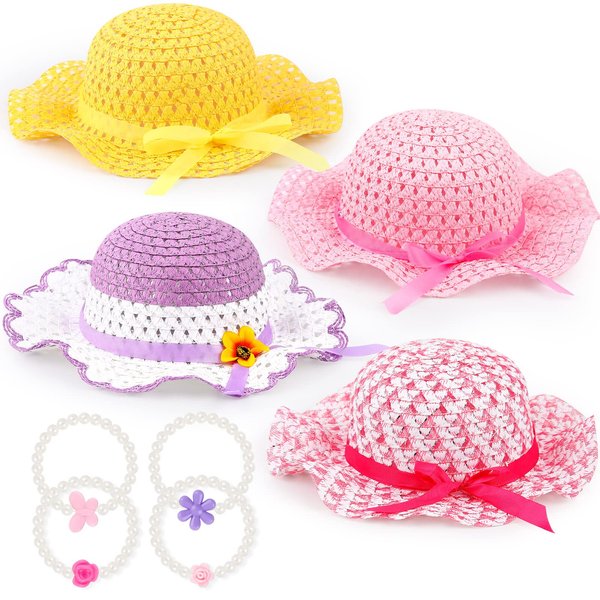 Zhanmai 4 Pcs Christmas Girl Tea Party Hats Straw Hat for Girls Sun Dress up Hats for Kids Toddlers with 4 Pcs Pearl Bracelets for Children Costume Birthday Party Supplies Christmas Beach Travel Gifts