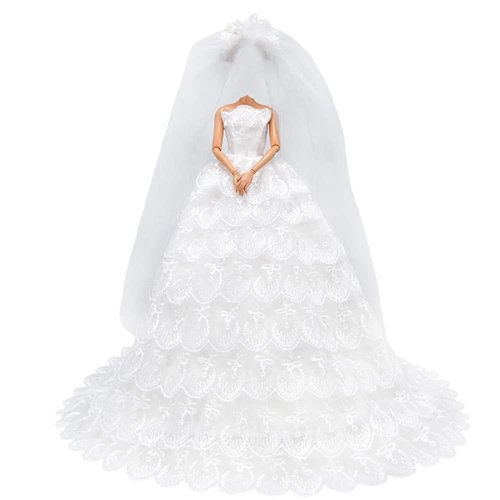 E-TING White Gorgeous Long Wedding Dress Princess Gown Clothes with Veil for 11.5 inch Dolls（Doll Not Included）