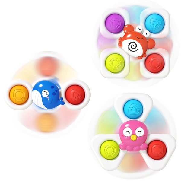 Jowow 3PCS Baby Suction Cup Spinner Toy,Spinning Bath Toy for Baby 18+ Months,Sensory Baby Toys for Table & Car Travel,Birthday Gifts Age 1-3 Year Olds Toddler Boys and Girls.