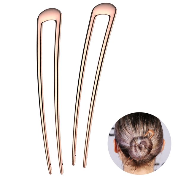 HYFEEL French Hair Pins - Metal Hair Fork Extra Long U Shaped Chignon 2-Prong Sticks for Women Bun Hair Accessories (Rose Gold - 2 Pcs)
