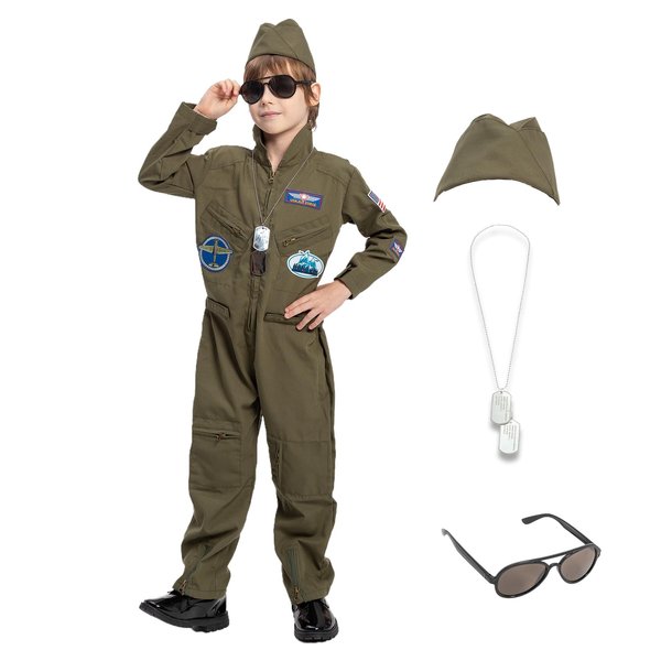 Kids Fighter Pilot Costume Air Force Flight Suit Military Halloween Costume for Boys Girls Jumpsuit with Aviator Hat