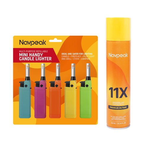 Navpeak Mini Candle Lighter 5 Pack & 11X Refined Buatne Gas Canister 300ml 10.14FL.OZ Set, Multipurpose Utility Lighters with Extended Wand Handy Refillable for Kitchen Fireplace Pilot Light DIY BBQ
