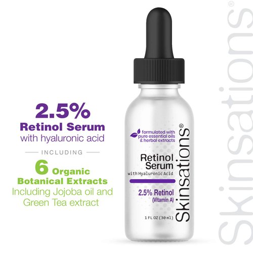 2.5% Retinol Serum with Hyaluronic Acid - Skinsations | Natural Daily Moisturizer with Organic Botanical Extracts | Aloe, Vitamin E, Green Tea, Witch Hazel