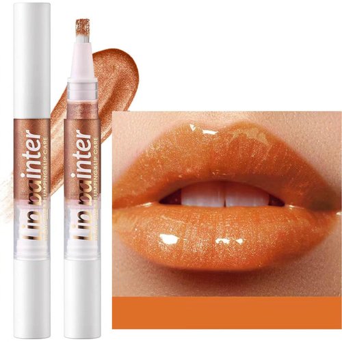 2 in 1 Coral Shimmer Orange Lip Gloss Lip Plumper Gloss Tinted Glitter Shimmer Lipgloss lip oil Moisturizing High Shine Vegan Plumping Lip Gloss For Women Girls Long-Lasting Dry Lip Care (12 #)