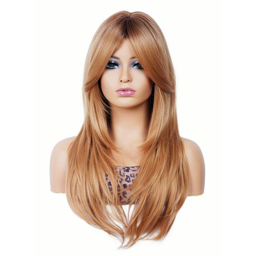 Rugelyss Long Wavy Strawberry Blonde Wigs for Women, Ombre with Dark Roots Layered Synthetic Hair Wig with Bangs for Daily Party