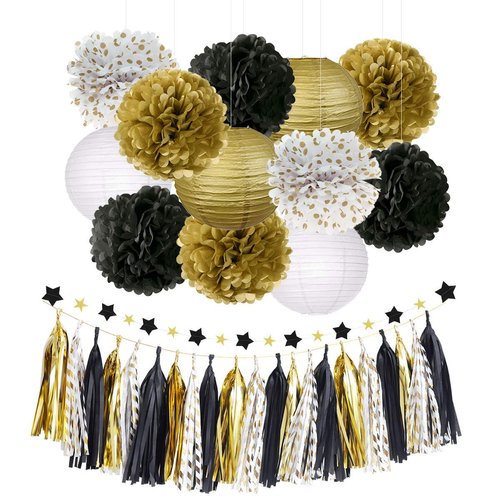 NICROLANDEE Black Gold Graduation Party Decorations - 28 PCS Black Gold Tissue Paper Pom Poms Flowers Hanging Paper Lanterns Star Garland Tassel for Birthday, Prom Night, New Years Decoration
