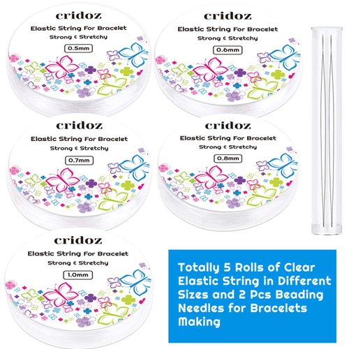 Stretchy String for Bracelets and Jewelry Making, Cridoz 5 Rolls Clear Elastic String Stretch Cord Bead Bracelet String with 2 Pcs Beading Needles for Seed Beads, Pony Beads