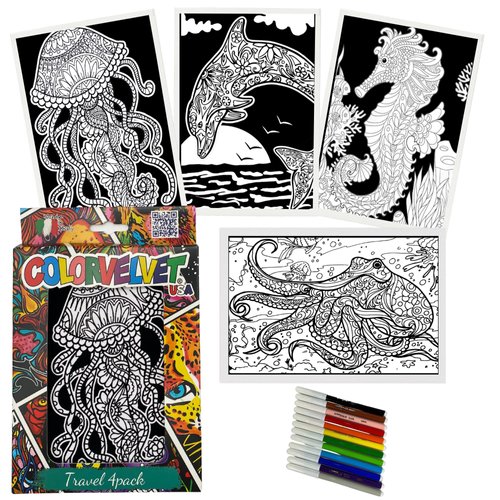 Aquarium- 4 Pack Velvet Coloring Posters for Kids- Arts & Craft Kit Includes Octopus, Seahorse, Jellyfish, Dolphin and 12 Felt Tip Markers- Ideal for Travel- Boys and Girls 3+