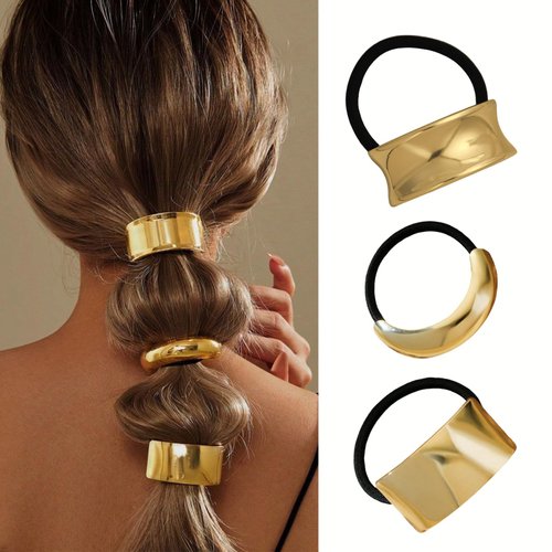 Hair Tie Elastic Hair Accessories Bands Hair for Women Girls, Ponytail Holders Metal Texture Gold Irregular Geometric Design, Modern Fashion Rubber Bands Hair Scrunchies Set 3 Pcs (set4)
