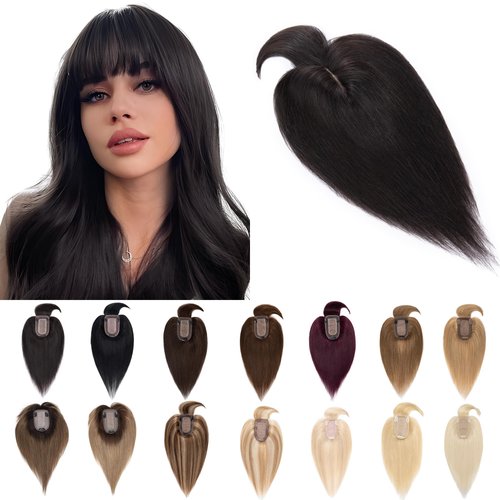 SEGO Hair Toppers for Women Real Human Hair With Bangs 7 * 13CM Silk Base 100% Remy Human Hair Clip in Top Wiglet Hair Pieces for Thinning Hair -12 Inch Natural Black