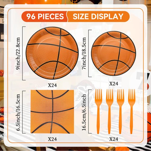 96 Pieces Basketball Themed Tableware Set - Sports Fan Disposable Dinnerware with Paper Plates, Napkins, Forks for Game Day, Team Celebrations, Birthdays Party Supplies for Kids Boys Serves 24 Guests