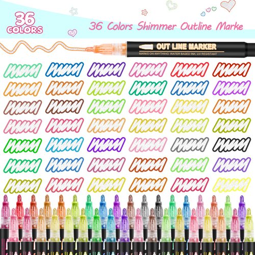 Double Line Outline Markers, 36 Colors Shimmer Markers, Self-Outline Metallic Markers, Super Squiggles Shimmer Outline Marker Set for Kid Drawing,Birthday Greeting Card,Doodling,DIY Art Crafts