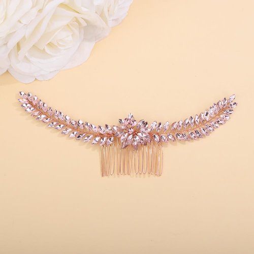 Teyglen Crystal Wedding Hair Comb Headband Red Blue Pink Rhinestone Flower Headpiece Handmade Crystal Hair Piece Bridal Hair Side Comb Wedding Hair Accessories for Women Bride Girls (Pink)