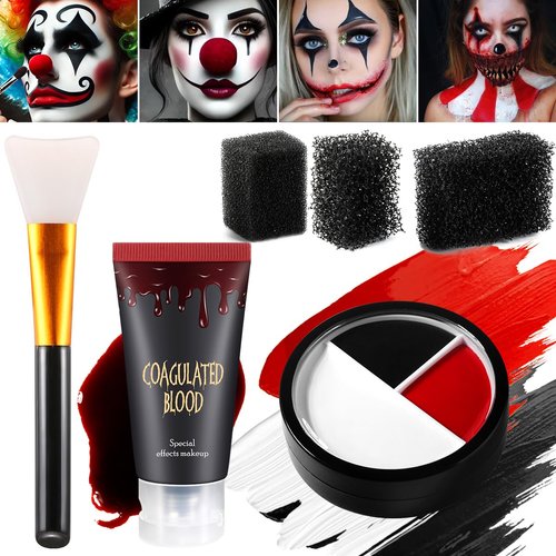 DE'LANCI Halloween Scary Clown Makeup Kit, Black White Red Face Body Paint+ Washable Fake Blood+ Sponge+ Brush, Skull Vampire Zombie Skeleton Special Effect SFX Makeup Creepy Joker Stage Face Paint