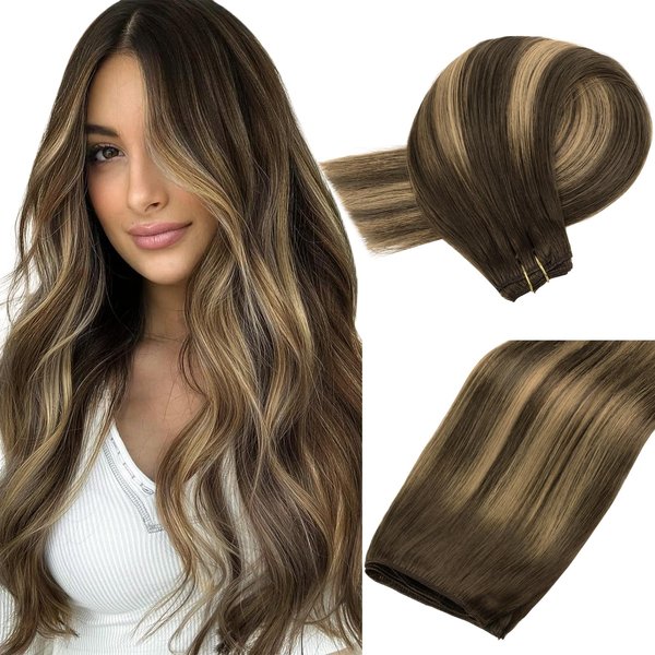 MAXITA Weft Hair Extensions Human Hair Chocolate Brown Mixed Caramel Blonde Balayage 16 Inch Hair Extensions Weft Invisible Double Weft Sew in Hair Extensions 100g Per Bundle