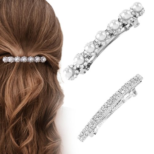 HINZIC 2Pcs Sparkly Rhinestone Hair Clips, Silver Pearl Barrettes Crystal French Hair Pins Wedding Prom Engagement Dressy Decorative Accessories for Women Girls Bride