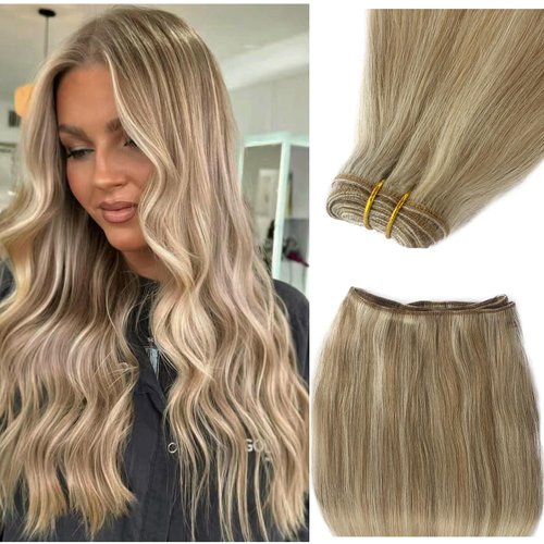 Sew in Hair Extensions Real Human Hair,16Inch Highlighted Blonde Weft Hair Extensions Human Hair Blonde with Golden Blonde Hair Extensions Sew in Weft Hair Extensions Brown Sew in Extensions for Women