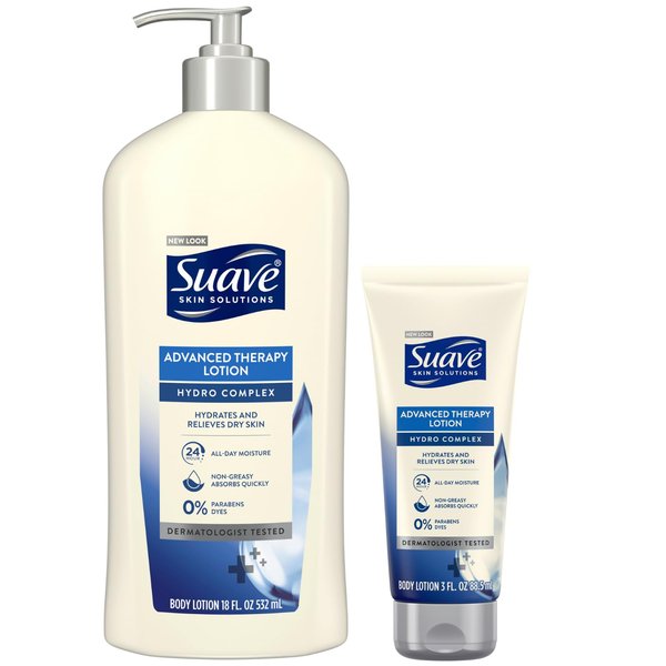 Suave Lotion, Hydro Complex Advanced Therapy Bundle – Daily Moisturizing Body Lotion for Dry Skin with Vitamin E, 18-Oz Pump Bottle + 3-Oz Travel-Size