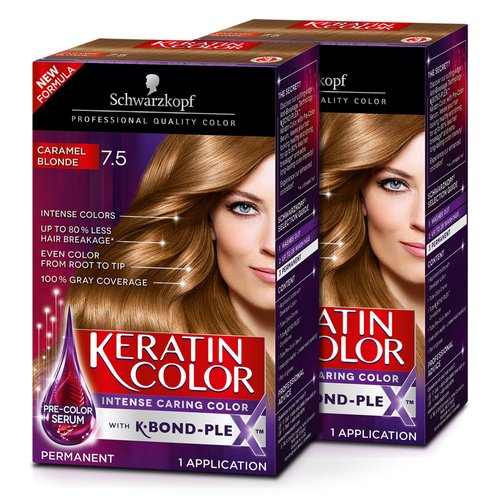 Schwarzkopf Keratin Color Permanent Hair Color Cream, 7.5 Caramel Blonde (Pack of 2)