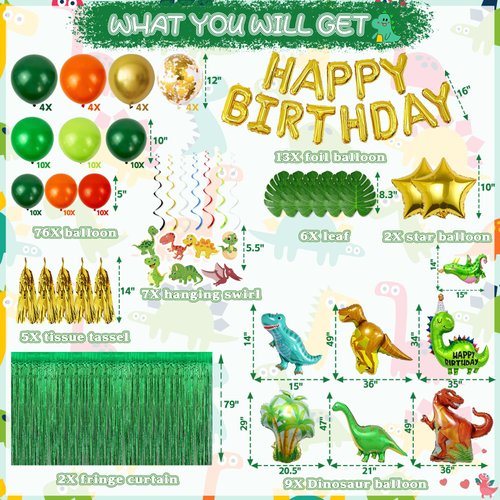 125pcs Dinosaur Birthday Party Decorations Supplies, Dinosaur Balloons Arch Garland Kit with Fringe Curtain, Dinosaur Balloons for Jungle Dinosaur Baby Shower Decorations for Boy Kids