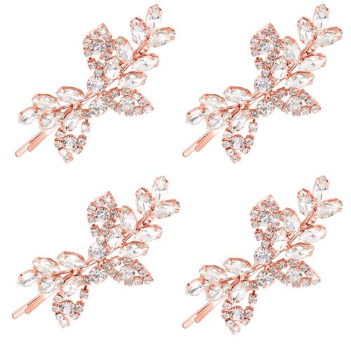 4 Pieces Leaf Pearl Crystal Hair Clips Elegant Bridal Hairpins and Barrettes for Women Girls (Rose Gold, Rhinestone Style)