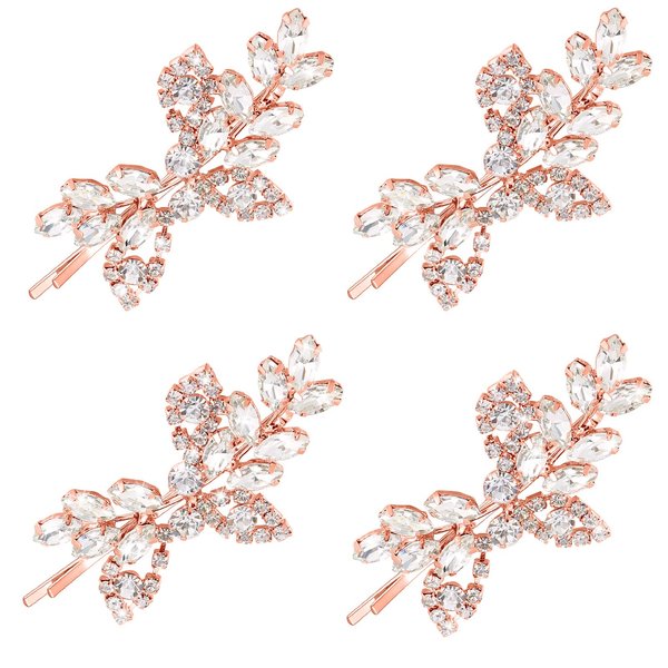 4 Pieces Leaf Pearl Crystal Hair Clips Elegant Bridal Hairpins and Barrettes for Women Girls (Rose Gold, Rhinestone Style)
