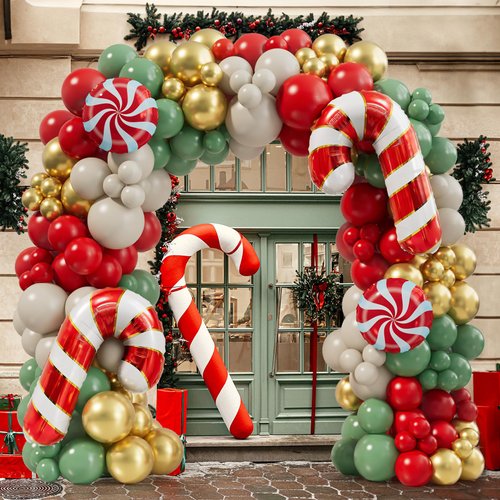 Christmas Balloon Garland Arch Kit 168PCS Red Sage Green Gold White Sand Balloons Candy Balloons Cand Cane Balloons for Christmas Party Decorations Supplies