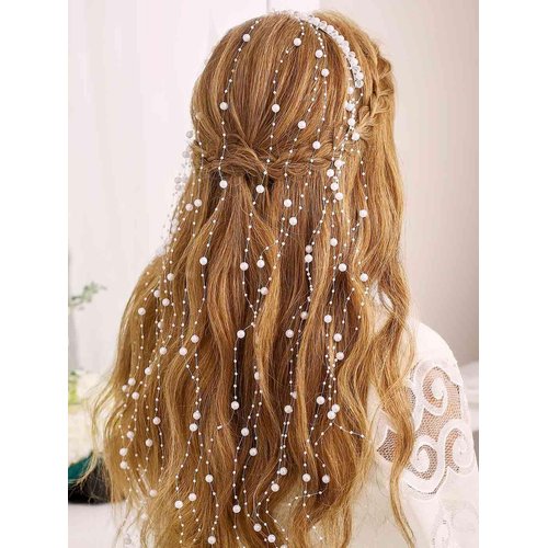 CASDRE Pearl Bride Wedding Headband Silver Rhinestone Bridal Headpiece Tassel Hair Vine Evening Party Hair Accessories for Women and Girls