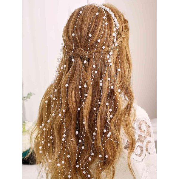 CASDRE Pearl Bride Wedding Headband Silver Rhinestone Bridal Headpiece Tassel Hair Vine Evening Party Hair Accessories for Women and Girls