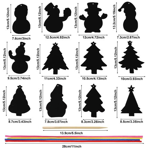 NQEUEPN 96pcs Christmas Scratch Papers, Christmas Tree Snowman Scratch Christmas Ornaments Creative DIY Hanging Craft Art Kits with Wooden Stick and Ribbon for Kids Xmas Tree Decor