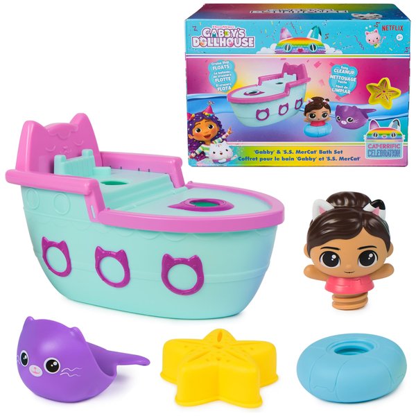 Gabby’s Dollhouse: Gabby & SS Mercat Bath Set, Floating Toddler Bath Toys with Cruise Ship & Squirter, Kids Toys for Girls & Boys Ages 3+