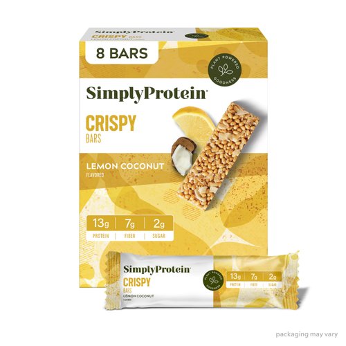 Simply Protein - Lemon Coconut Crispy Bars - Plant Based Protein Bars - Low Carb, Low Sugar, High Fiber - 13g Protein, 2g Sugar, 7g Fiber - Vegan, Gluten Free, Non GMO, Kosher - 8 Bars