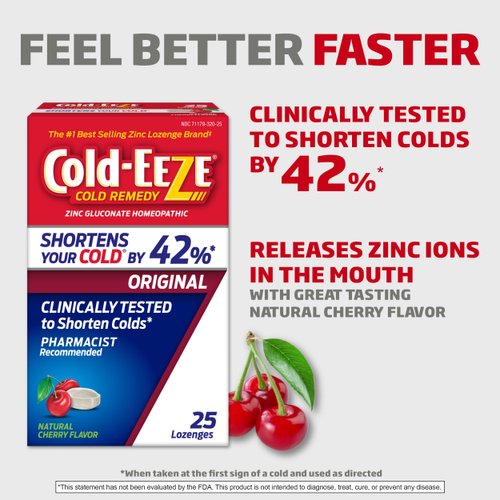 Cold-EEZE Natural Cherry Zinc Lozenges, Homeopathic Cold Remedy, Reduces Duration of the Common Cold, Sore Throat, Cough, Congestion, and Post Nasal Drip, 25 Count