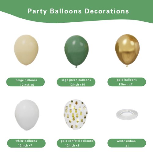 Sage Green and Gold Balloons, Olive Green White Metallic Gold Confetti Latex Balloons Set for Birthday Baby Shower Wedding Jungle Safari Boy Party Supplies Arch Garland Decoration