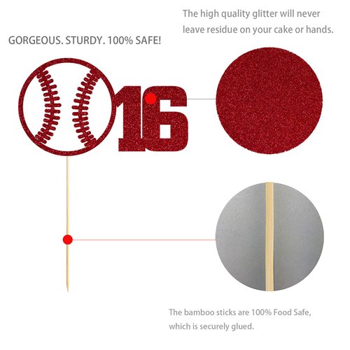 Red Baseball 16 Birthday Cake Topper, Red Glitter Happy 16th Birthday Party Decoration
