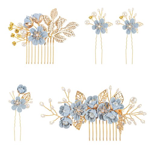 Framendino, 5 Pack Blue Flower Rhinestone Hair Comb Pearl Crystal Floral Leaf Hair Clips for Bridal Wedding Party