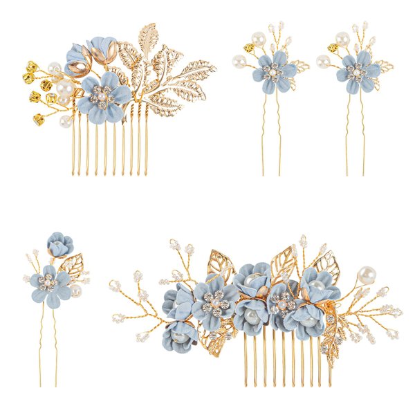 Framendino, 5 Pack Blue Flower Rhinestone Hair Comb Pearl Crystal Floral Leaf Hair Clips for Bridal Wedding Party