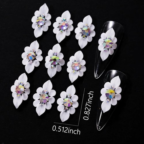 XEAOHESY 10pcs White Flower Nail Charms Flower Charms for Nails 3D Flower for Nails Inlay AB Rhinestones Acrylic Flowers for Nails Nail Art Accessories for Women(White)