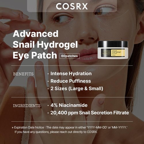 COSRX Advanced Snail Hydrogel Eye Patch (60pc), Gel Serum Mask, Puffy Undereye Treament, Fine Lines, Refresh, Hydrate| Paraben free, Korean Skin Care