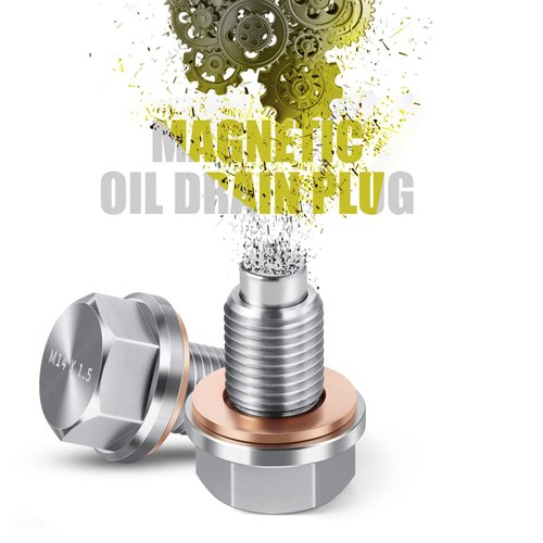 M14 x1.5 Magnetic Oil Drain Plug Stainless Steel Oil Pan Drain Bolt with Red Copper Washer Gaskets Replacement for Ford GM Honda Hyundai KIA and More Select Models
