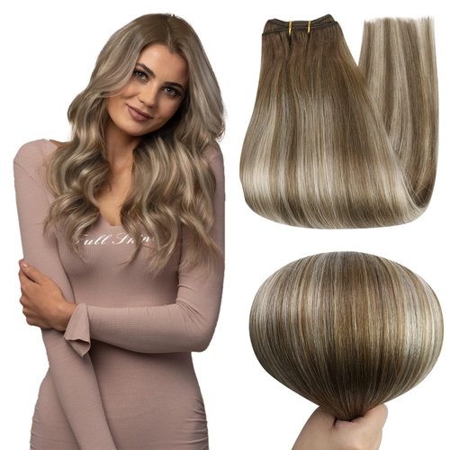 Full Shine Weft Hair Extensions Human Hair 16 Inch Sew in Weft Hair Extensions Balayage #6 Brown Fading to 60 Blonde And 6 Sew in Hair Extensions Human Hair Brazilian Hair Extensions 105 Grams