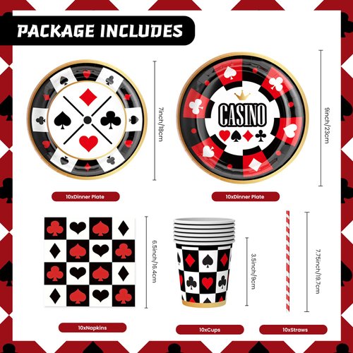 50PCS Casino Party Supplies Poker Party Tableware Set,Include Straw Paper Cups Plates and Napkins Set Disposable Party Supplies Decorations for Birthday Weddings Party Supplies
