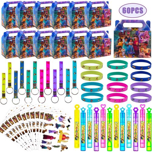 72Pcs Magic Movie Birthday Party Favors Supplies for Kids, Princess Encanto Decoration Gift for Girls, Wristbands, Keychains, Gift Bags, Badges, Blower Whistles, Bubbles for Classroom Rewards Prizes