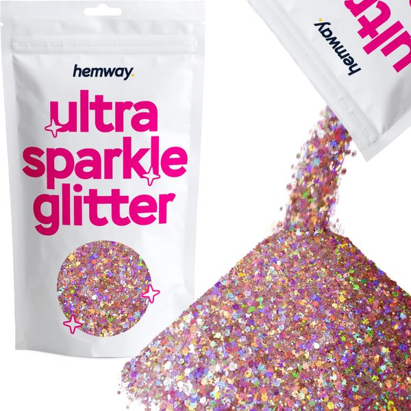 Hemway Rose Gold Holographic Mix Glitter Chunky Multi Purpose Dust Powder Arts & Crafts Wine Glass Decoration Weddings Flowers Cosmetic Face Eye Body Nails Skin Hair Festival 100g