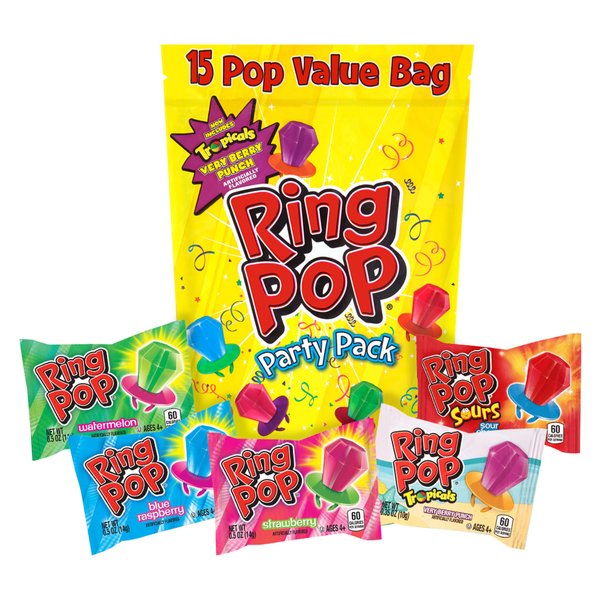 Ring Pop Individually Wrapped Bulk Lollipop Variety Party Pack – 15 Count Lollipop After School Suckers w/ Assorted Fruity Flavors - Fun Back To School Candy for School Treats & College Care Packages